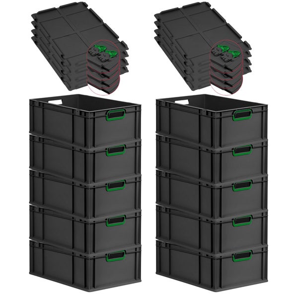 PROREGAL SuperSparSet 10x Eurobox NextGen Color mit Scharnierdeckel und Schiebeschnappverschlüssen, HxBxT 22x40x60cm, 44 Liter, Schwarz, Griffe grün offen, Verstärkter Boden, Eurobehälter, Transportbox, Transportbehälter, Stapelbehälter