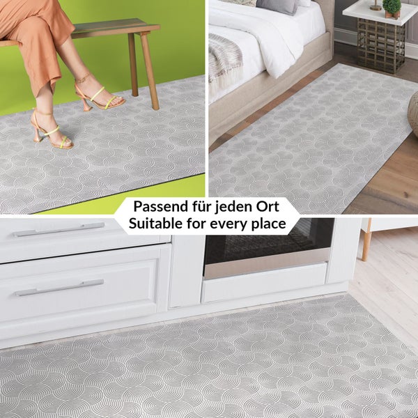 Bildcollage eines Teppichs mit konzentrischem Kreismuster in verschiedenen Wohnbereichen