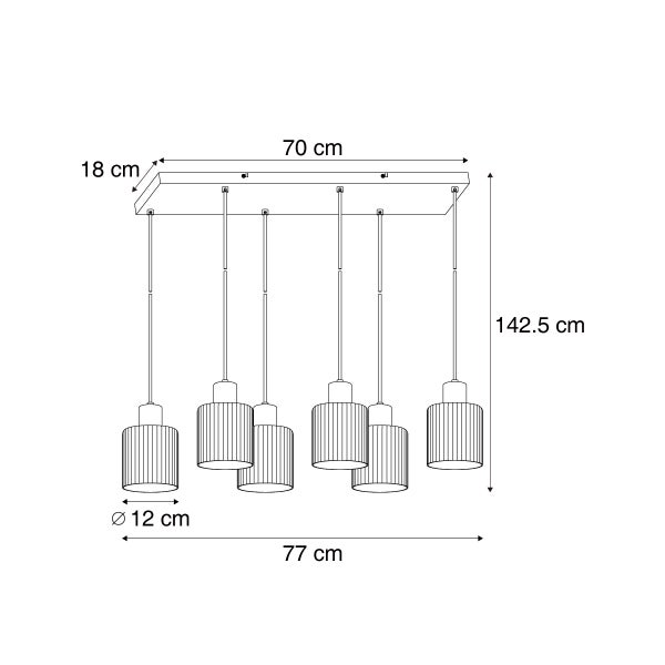 Maßzeichnung einer 6-flammigen Pendelleuchte: Breite 77 cm, Höhe 142.5 cm, Schirmdurchmesser 12 cm, Deckenplatte 70 mal 18 cm.