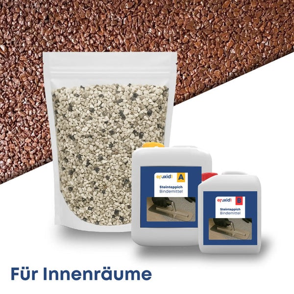 Steinteppich-Set für Innenräume mit Beutel Kieselsteinen und zwei Kanistern Bindemittel auf Epoxidharzbasis.