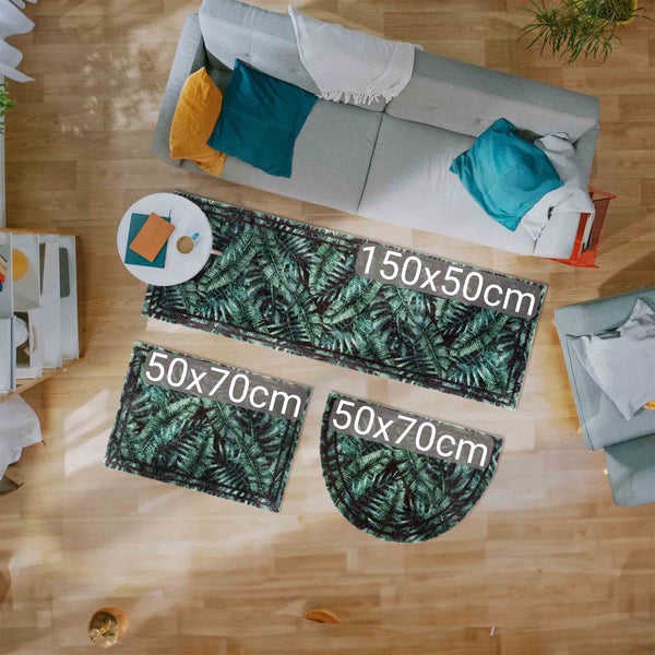 Draufsicht auf drei Teppiche mit Pflanzenmuster in den Größen 150x50 cm und 50x70 cm in rechteckiger und halbkreisförmiger Form in einem Wohnzimmer.