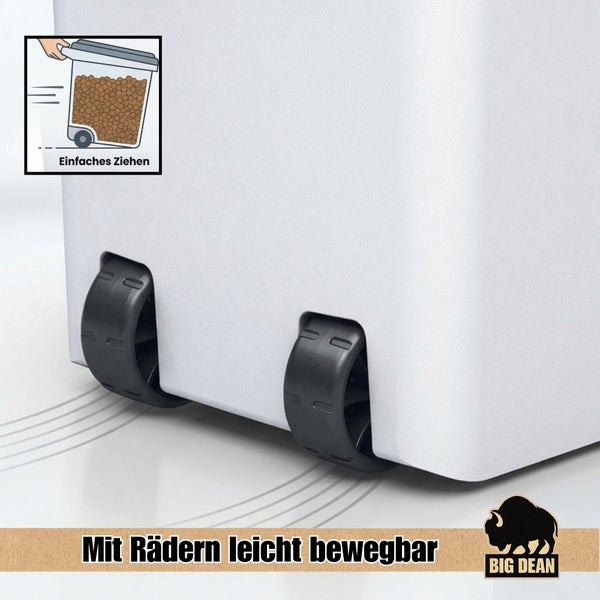 Detailansicht der Räder eines Futterbehälters mit einer erklärenden Grafik zur einfachen Mobilität und dem Big Dean Logo