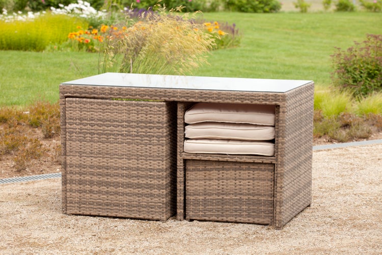 Merano Gartenmöbelset, 2 Sessel, 2 Hocker, 1 Tisch, inkl. Auflagen, natur