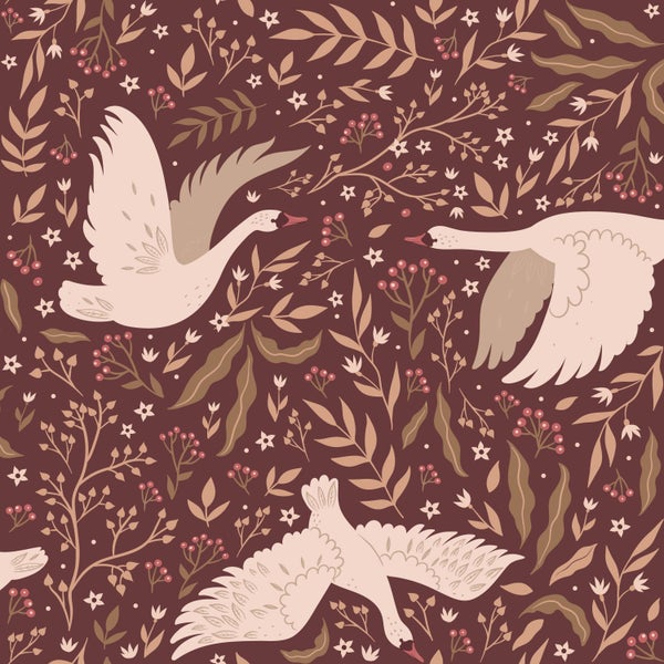 Illustration mit Schwänen, Blättern, Beeren und Sternen