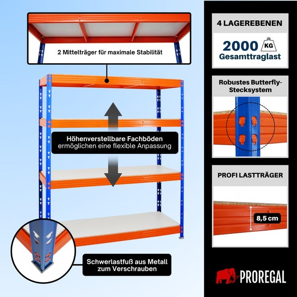 Schwerlastregal von PROREGAL mit 4 Ebenen, 2000 Kilogramm Traglast, verstellbaren Böden, Butterfly-Stecksystem und Metallfüßen.