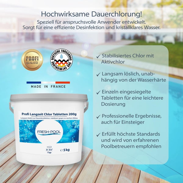 Fresh-Pool Profi Langzeit Chlor Tabletten 200g 5 kg - Chlortabs /<br />Chlortabletten für Pool | Chlor Langzeittabletten Pool | Langzeit<br />Chlortabletten 200g