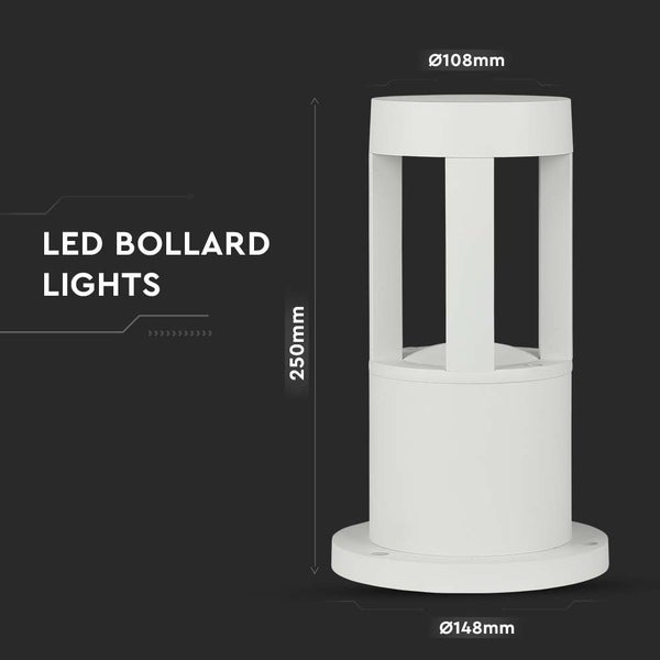 LED-Pollerleuchte mit den Maßen 250 mm Höhe und 108 mm Durchmesser oben, 148 mm Durchmesser unten.