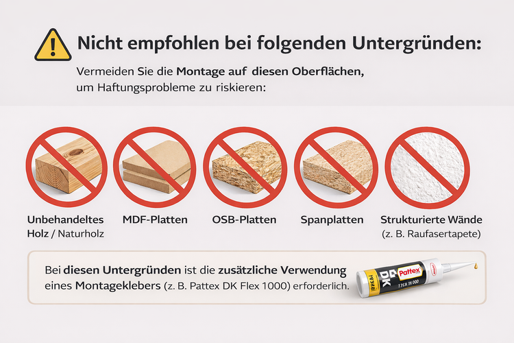 Nicht empfohlen für unbehandeltes Holz, MDF-Platten, OSB-Platten, Spanplatten, strukturierte Wände. Montagekleber erforderlich.