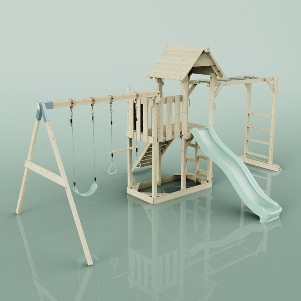 Spielturm aus Holz mit Rutsche und Schaukel