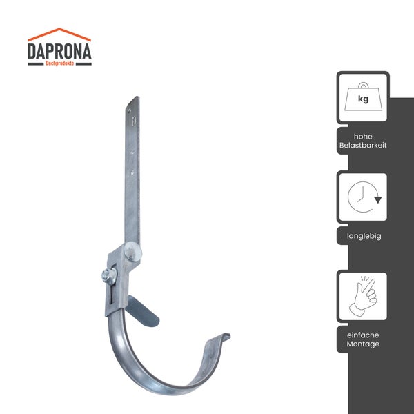 Daprona Logo, verstellbarer Rinnenhalter aus verzinktem Stahl, hohe Belastbarkeit, langlebig, einfache Montage.
