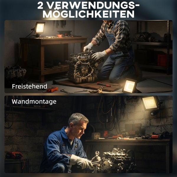 Anwendungsbeispiele für einen LED-Strahler in einer Werkstatt: freistehend auf dem Boden oder Arbeitstisch und fest an der Wand montiert.