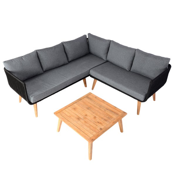 Modernes Garten-Lounge-Set mit Ecksofa, grauen Polstern, Seilgeflecht-Rahmen und quadratischem Holztisch.