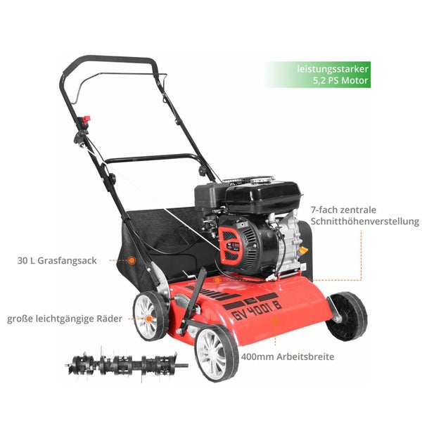 Benzin Vertikutierer mit 5,2 PS Motor, 400 Millimeter Arbeitsbreite, 30 Liter Grasfangsack und 7-facher zentraler Schnitthöhenverstellung