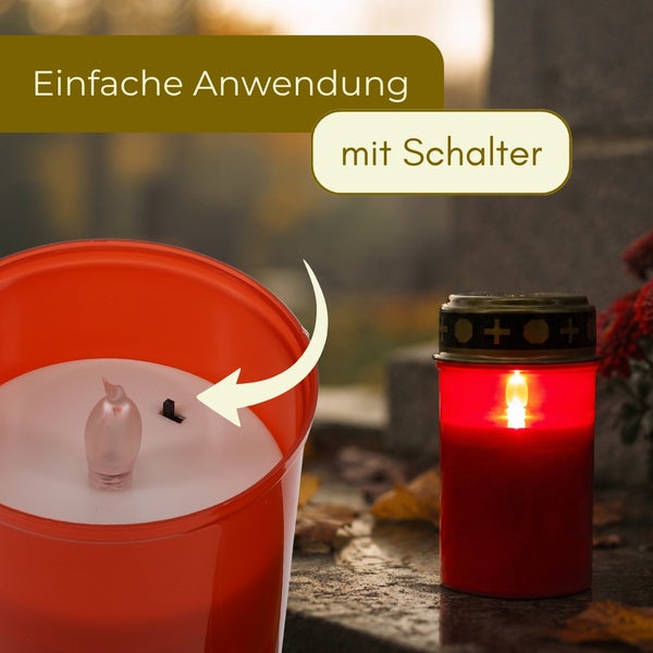 LED-Grablicht mit Schalter für einfache Anwendung, Nahaufnahme des Schalters und leuchtende Grabkerze im Außenbereich.