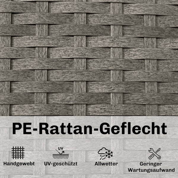 Polyethylen-Rattan-Geflecht: handgewebt, ultraviolettbeständig, allwettertauglich und geringer Wartungsaufwand.