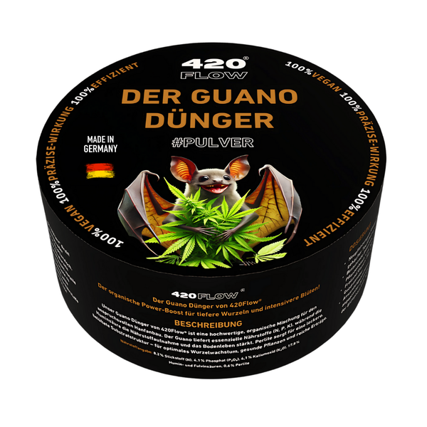 420 Flow Guano Pflanzenduenger in Pulverform fuer Kraeuter und Pflanzen, organische Naehrstoffmischung in der Dose, Made in Germany.