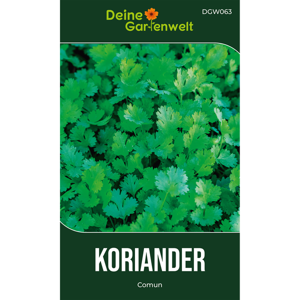 Samenpackung Koriander Comun, Deine Gartenwelt Logo, Abbildung von frischen Korianderblättern.