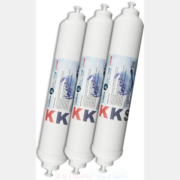 Set mit drei zylindrischen Filterpatronen für Wasserfiltersysteme mit Etikett und Anschlüssen.