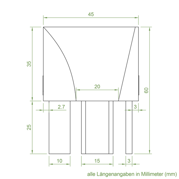 Technische Zeichnung mit Maßangaben eines Bauteils in Millimetern.