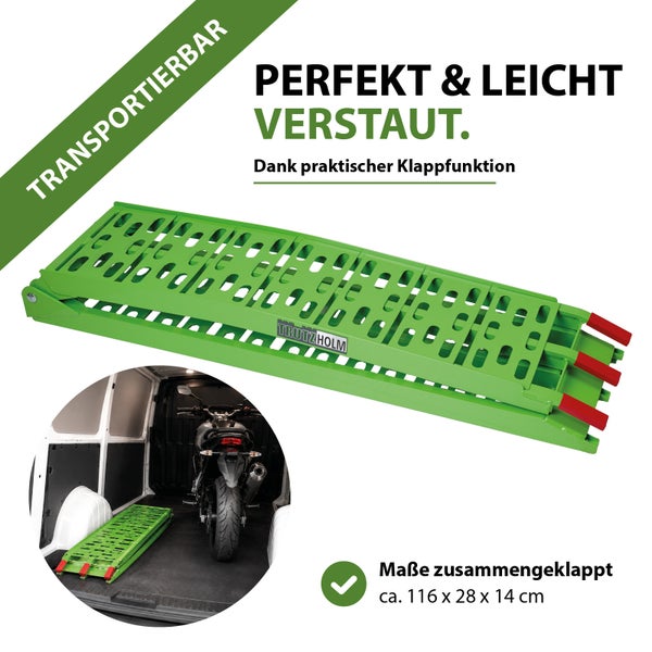 Klappbare Auffahrrampe von Trutzholm mit Maßen von circa 116 mal 28 mal 14 Zentimeter zusammengeklappt für den Transport in einem Fahrzeug.