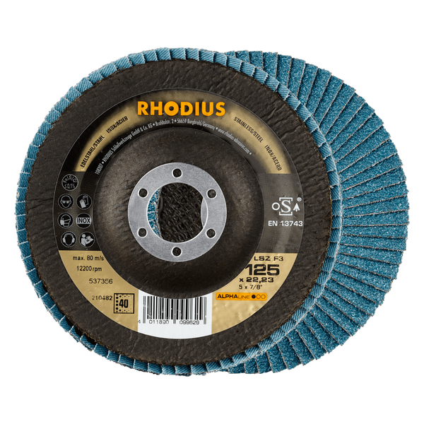 RHODIUS Fächerscheibe LSZ F3, 10 Stück, 125 x 22,23 mm, Korn 40, für Edelstahl, Stahl, Metall, ALPHAline