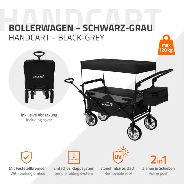 Hauki Bollerwagen XXL faltbar mit Dach & Tasche, Schwarz-Grau, Handwagen klappbar zum Schieben & Ziehen, Kinder Transportwagen, 360° drehbare Vorderräder, PU Räder mit Bremsen, Transportkarre 120 kg
