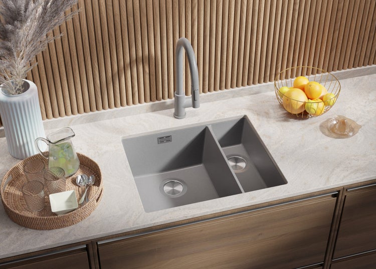 PRIMAGRAN Unterbauspüle Granit Grau 56x47cm, Spülbecken 1,5 Becken + Ablauf-Set, Granitspüle ab 60er Unterschrank - London Duo