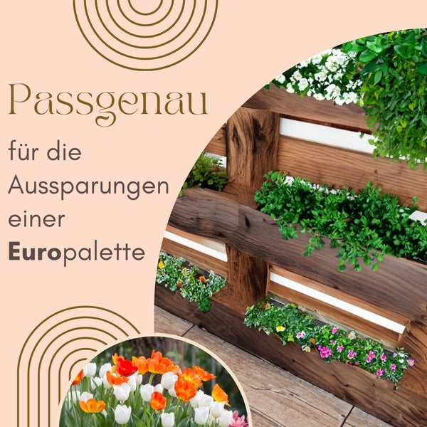 Passgenauer Pflanzeinsatz für die Aussparungen einer Europalette aus Holz, bepflanzt mit Blumen für einen vertikalen Garten.