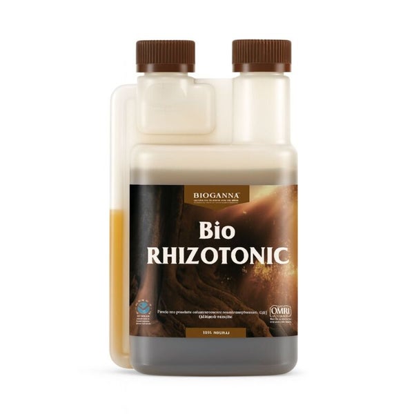 Bioganna Bio Rhizotonic Wurzelstimulator in einer Dosierflasche für Pflanzenwachstum.