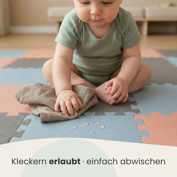 Baby sitzt auf einer bunten Schaumstoff-Puzzlematte und wischt Wassertropfen mit einem Tuch weg.