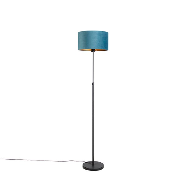 QAZQA - Landhaus I Vintage I Rustikal Stehleuchte I Stehlampe I Standleuchte I Lampe I Leuchte schwarz mit Veloursschirm blau mit Gold I Messing 35 cm - Parte I Wohnzimmer I Schlafzimmer - Stahl Zylin