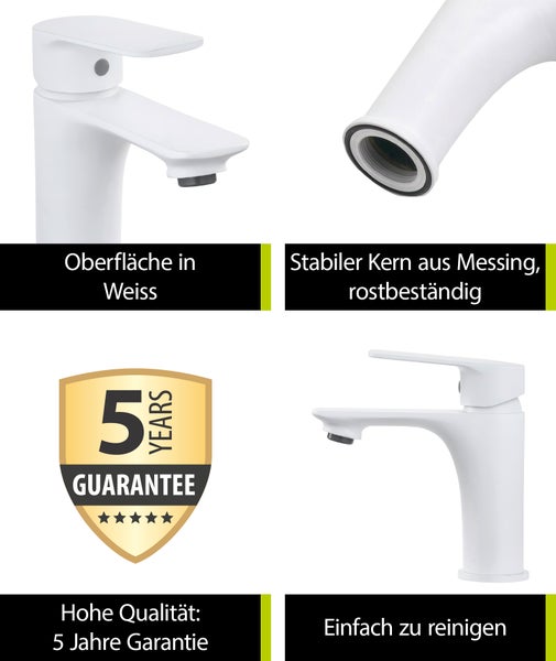 aquaSu® Wasserhahn Bad Weiß, Waschtischarmatur mit Zugstange, Einhebelmischer für Waschbecken, Badarmatur mit Ablaufgarnitur, Mischbatterie mit Wassersparmischdüse, Messingkern, werkzeuglose Montage, 797375