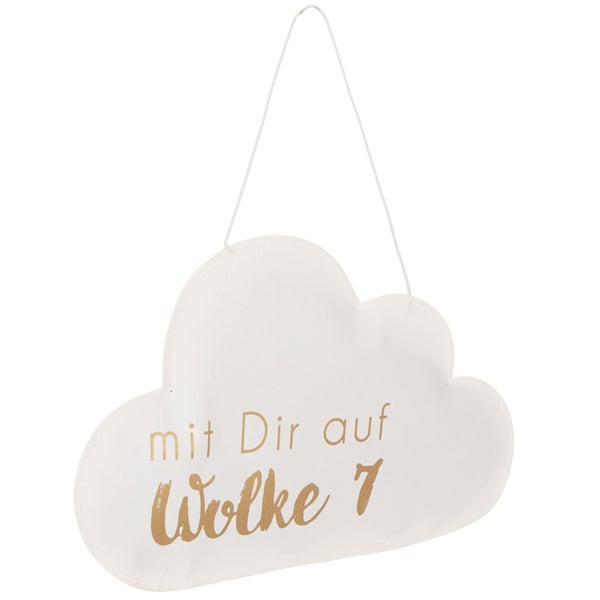 Weißes dekoratives Stoffschild in Wolkenform mit dem Aufdruck mit Dir auf Wolke 7 und weißer Aufhängung.