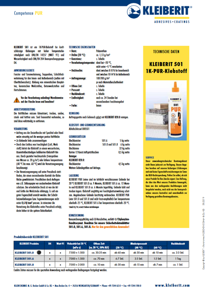 KLEIBERIT 501 1K-PUR-Klebstoff Produktdatenblatt mit technischen Informationen und Anwendungsrichtlinien