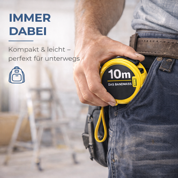 Eine Hand steckt ein kompaktes, gelb-schwarzes 10 Meter Rollbandmaß in eine Jeanstasche.