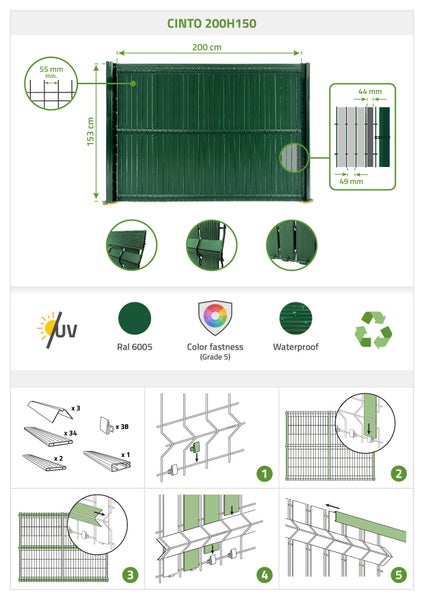 Cinto Zaunelement 200H150 mit Maßangaben, UV-beständig, RAL 6005, Farbechtheit Grad 5, wasserfest und Montageanleitung