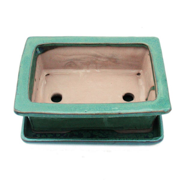 Rechteckige, türkis glasierte Bonsaischale aus Keramik mit passendem Untersetzer und zwei Drainagelöchern.