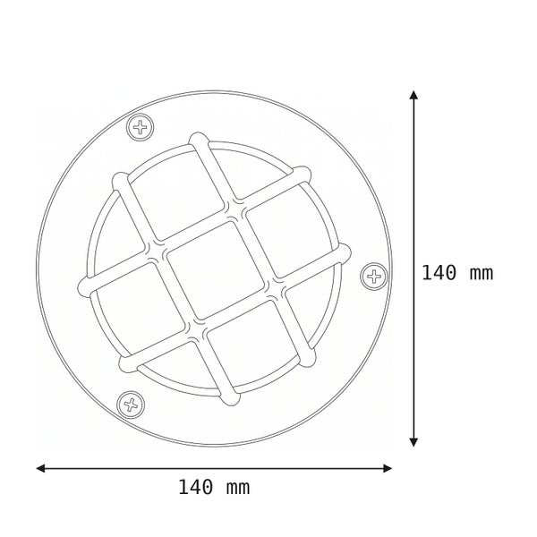 Technische Zeichnung einer runden Außenleuchte mit Schutzgitter und einem Durchmesser von 140 Millimeter.