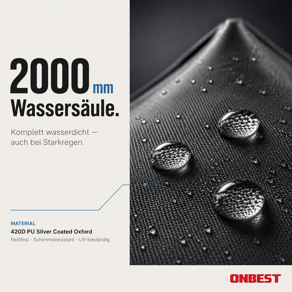 ONBEST Logo. Wasserdichtes 420D PU Silver Coated Oxford Gewebe mit 2000 Millimeter Wassersäule und Wassertropfen.