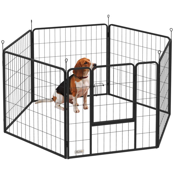 PawHut Welpenauslauf 80 cm Hoch, 6-TLG. Hundelaufstall DIY Welpenlaufstall mit Tür, Freilaufgehege für kleine bis mittelgroße Hunde, Stahl, Schwarz