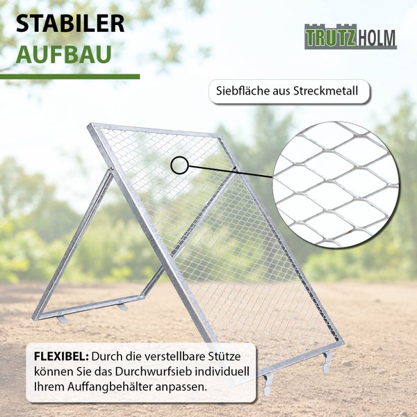 Trutzholm Durchwurfsieb mit verstellbarer Stütze und Siebfläche aus Streckmetall für Gartenarbeiten im Freien