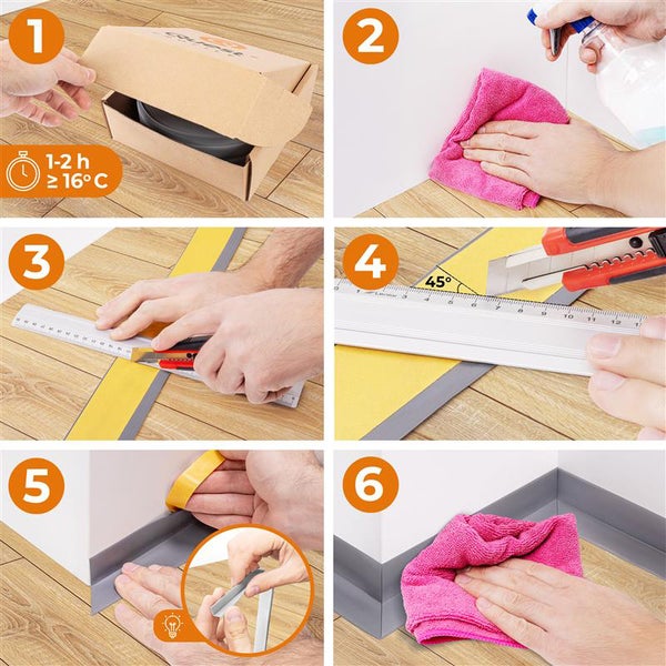 Schritt-für-Schritt-Anleitung zur Montage von Sockelleisten mit sechs Bildern zur Vorbereitung, zum Zuschneiden und zur Befestigung an der Wand.