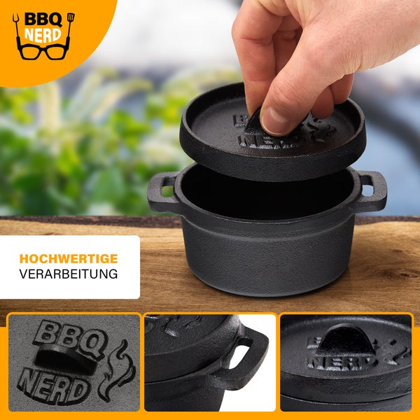 BBQ-Nerd 6er Set Mini Dutch Oven | Kleiner Gusseisentopf mit Deckel 11x5cm für Grill, Feuerstelle, Backofen, Herd | Serviertöpfe Kochtopf Schmortopf Brottopf Bräter Cocotte - Feuerfester Topf