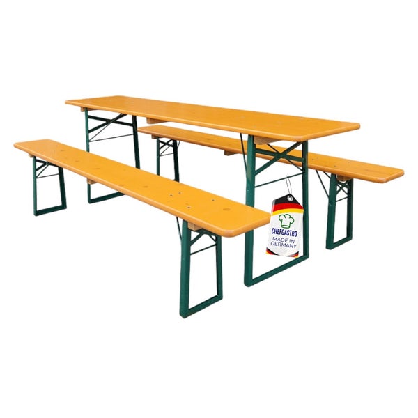 Festzeltgarnitur bestehend aus einem Tisch und zwei Bänken mit Holzoberflächen und Metallgestellen.