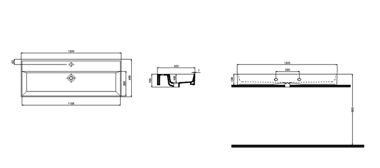 Technische Zeichnung eines Waschtischs mit Maßangaben