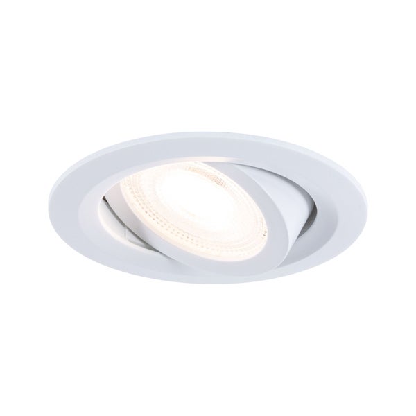 Runder LED Einbaustrahler in Weiß, schwenkbar, mit eingeschaltetem Licht.