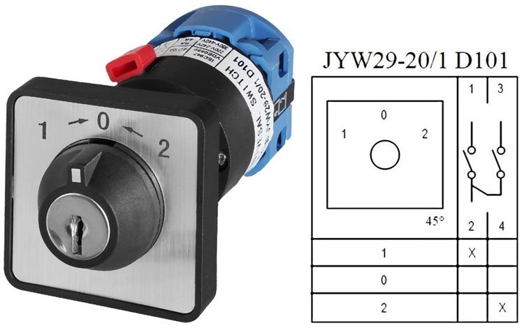Nockenschalter mit Schlüssel, drei Schaltstellungen 1-0-2, 45 Grad Schaltwinkel, inklusive technischem Schaltdiagramm.