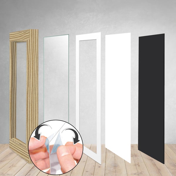 Explosionszeichnung eines Spiegels mit Holzrahmen und verschiedenen Schichten