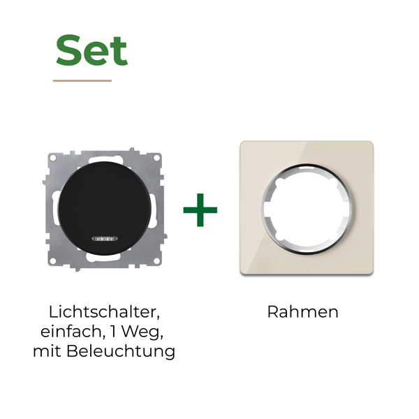 Set bestehend aus einem beleuchteten Lichtschalter Aus-Wechselschalter und einem passenden Rahmen