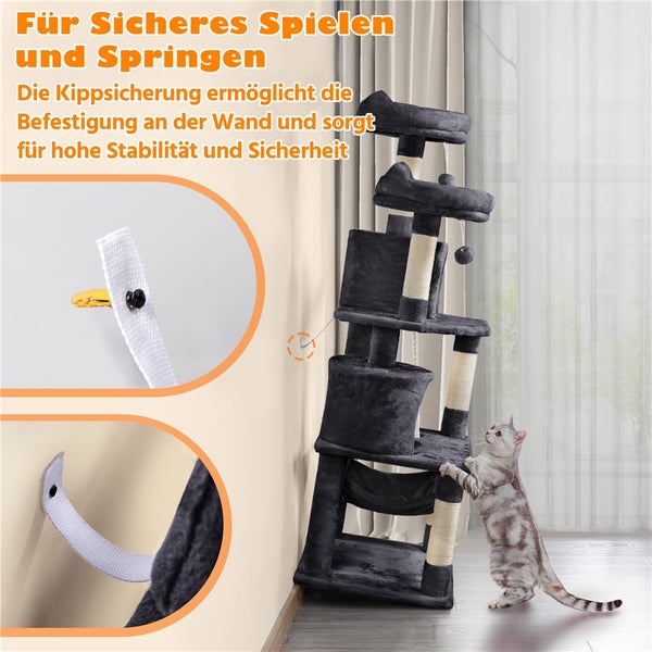 Katzenkratzbaum mit mehreren Ebenen, Sisalsäulen und Kippsicherung für die Wandmontage, mit einer Katze
